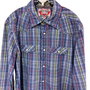 Jachs NY Mens Blue Plaid Pearl Snap Western Shirt Long Sleeve Slim Fit Size M